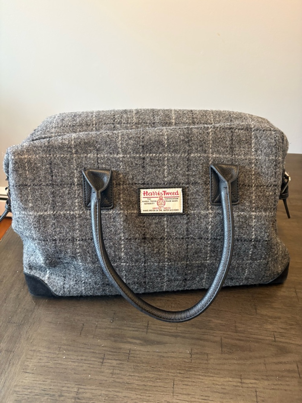 Harris Tweed Glen Appin Gray Plaid Overnight Bag with Black Leather Handles